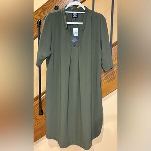 Bobeau Shirt Dress V Neck Short Sleeve Rounded Hem Olive Green SZ. XXL NWT